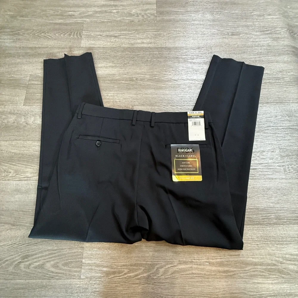 Haggar Black Label Mens 34x30 Straight Fit Stretch Dress Pants Black HD50251 NWT